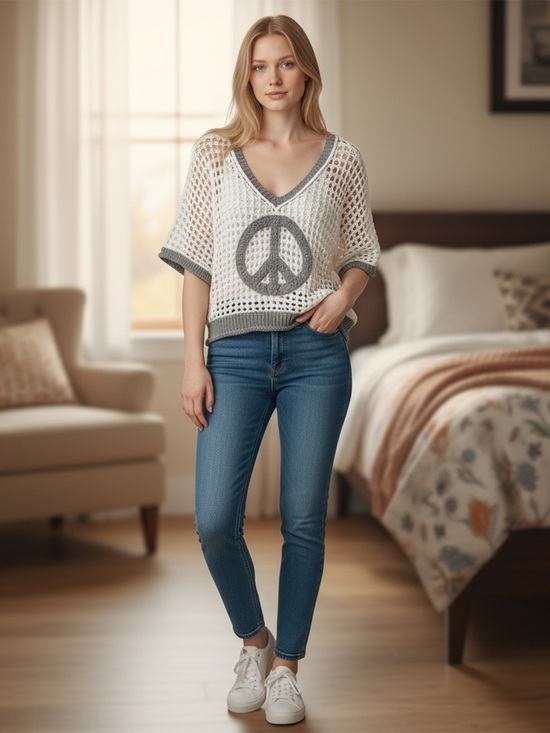 POL Sweaters - POL White Gray Embroidered Peace Sign Open Knit Sweater